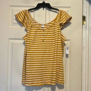 Old Navy Mustard Yellow and White Striped Flutter Ruffle Sleeve Top Size XL